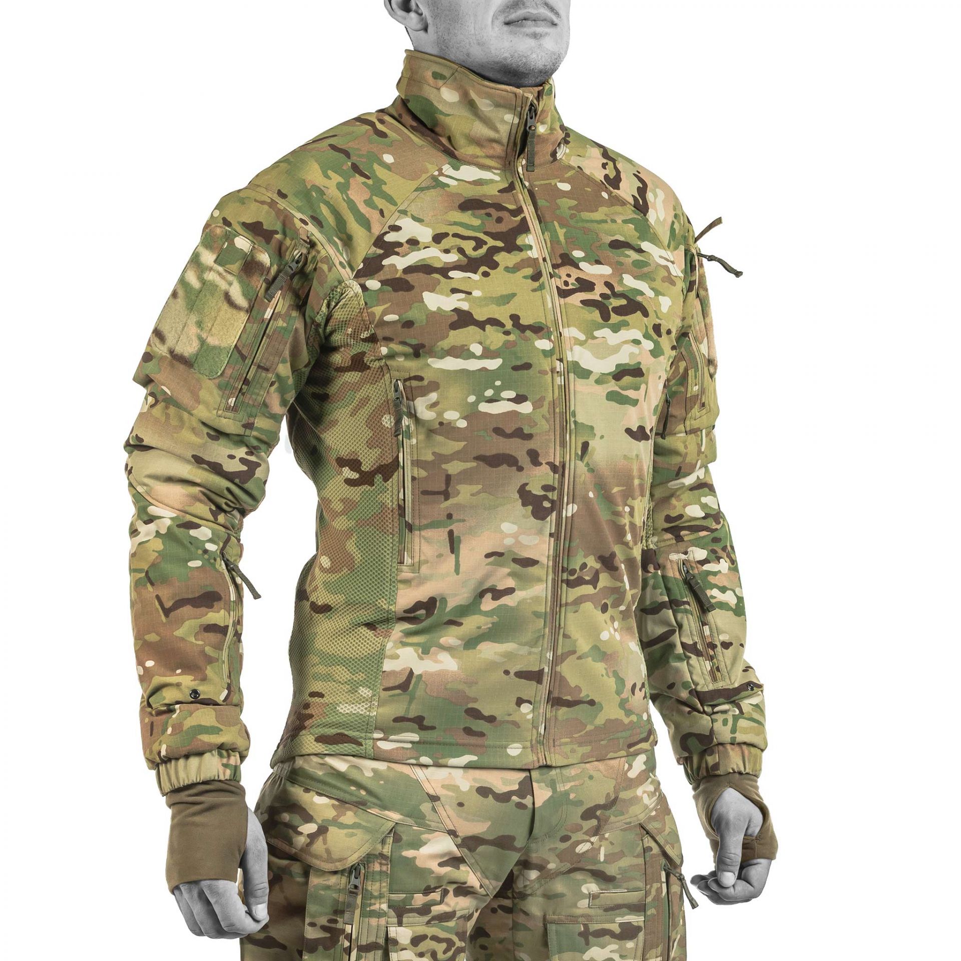 Tactical Outerwear: Collar width adjustment, multicam ventilation panels, durable materials.